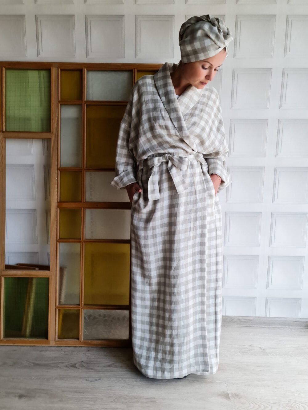 Linen robe with shawl collar