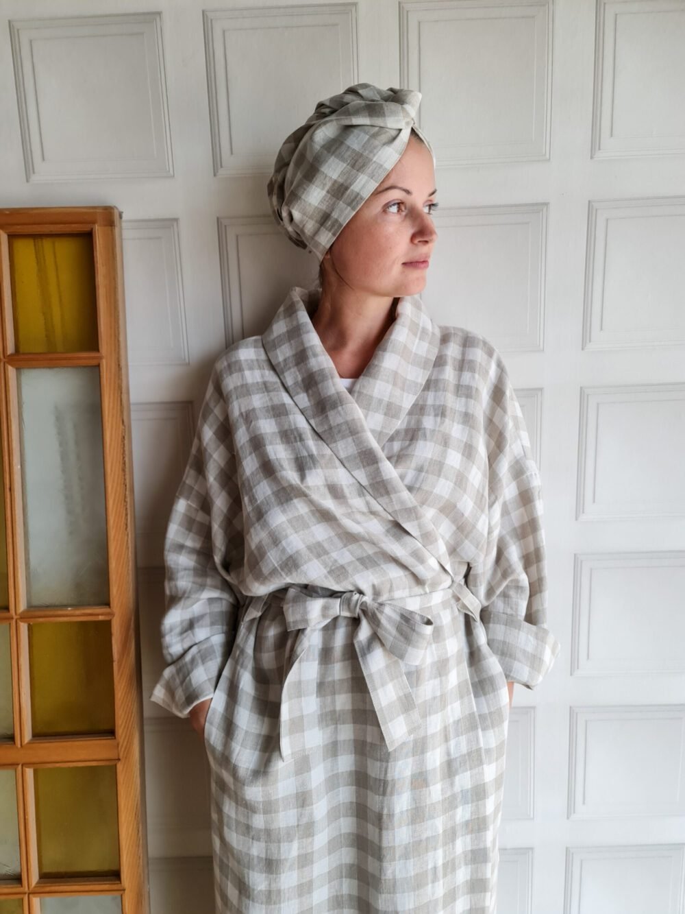 Linen robe with shawl collar