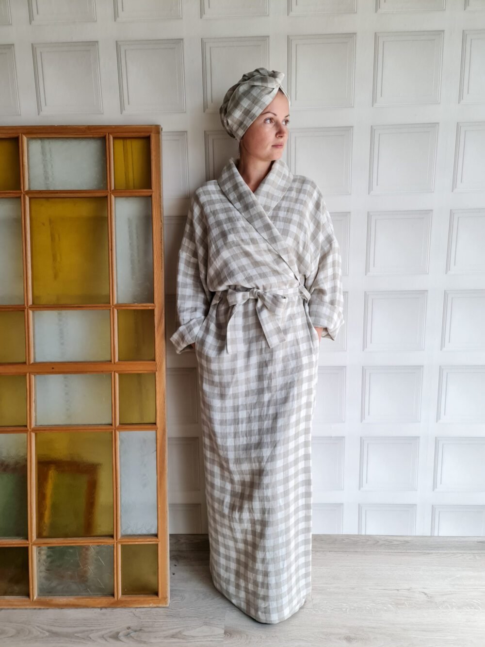 Linen robe with shawl collar