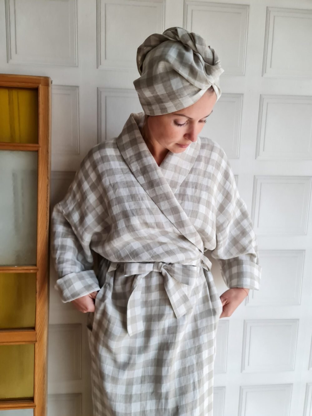 Linen robe with shawl collar