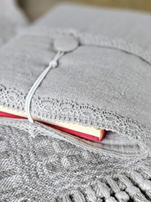 Raw linen book sleeve with lace