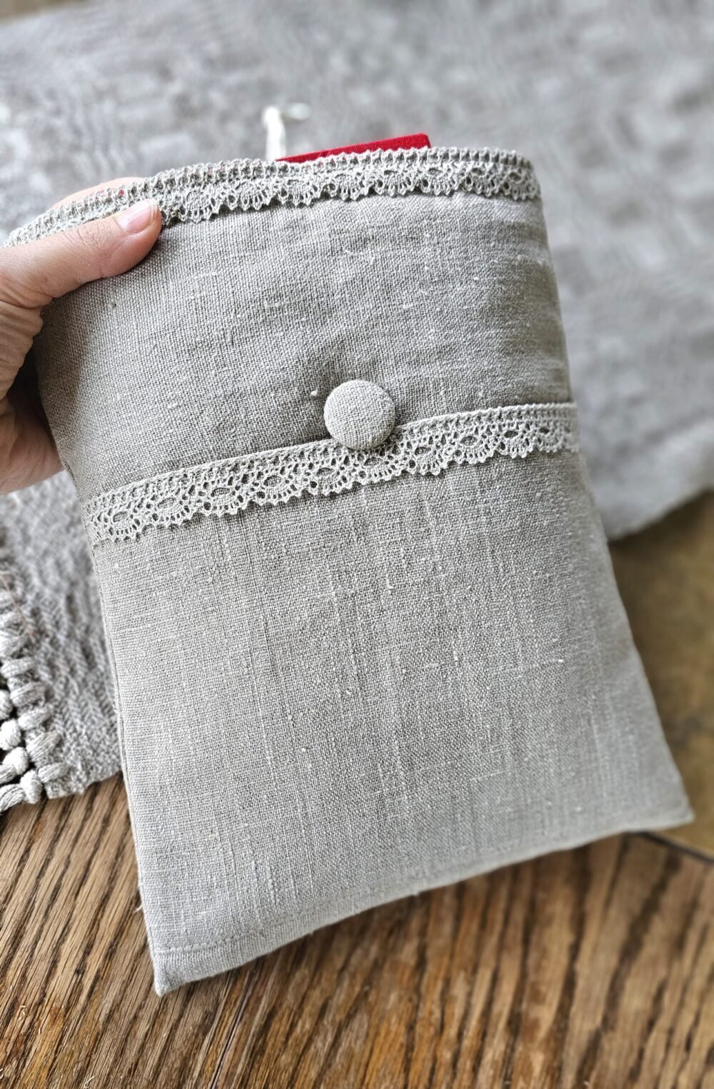 Raw linen book sleeve with lace
