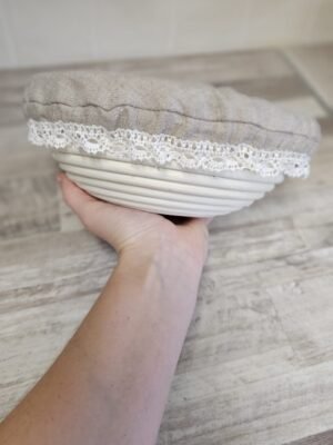 Rough linen bowl cover with lace