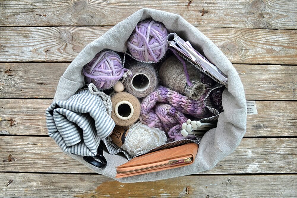 Linen knitting project bag