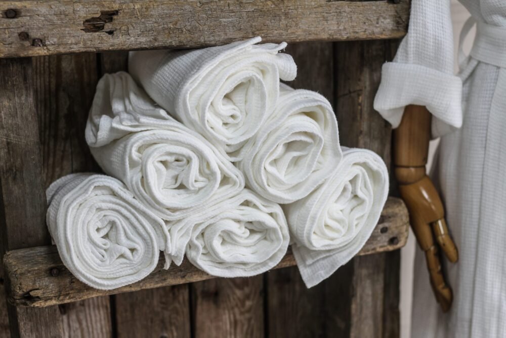White waffle linen bath towel.