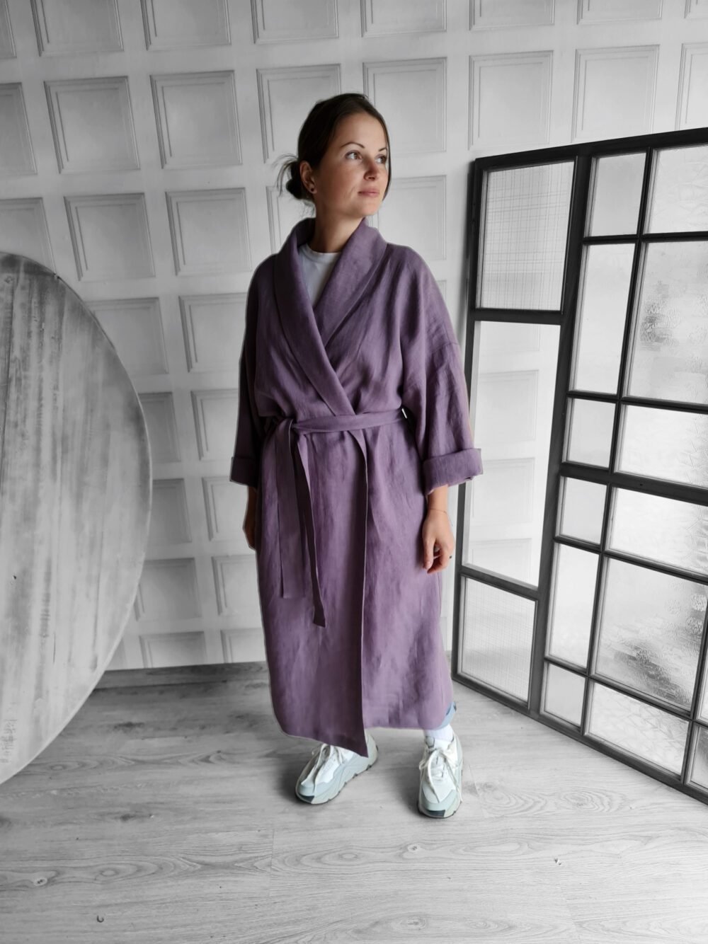 Linen robe with shawl collar