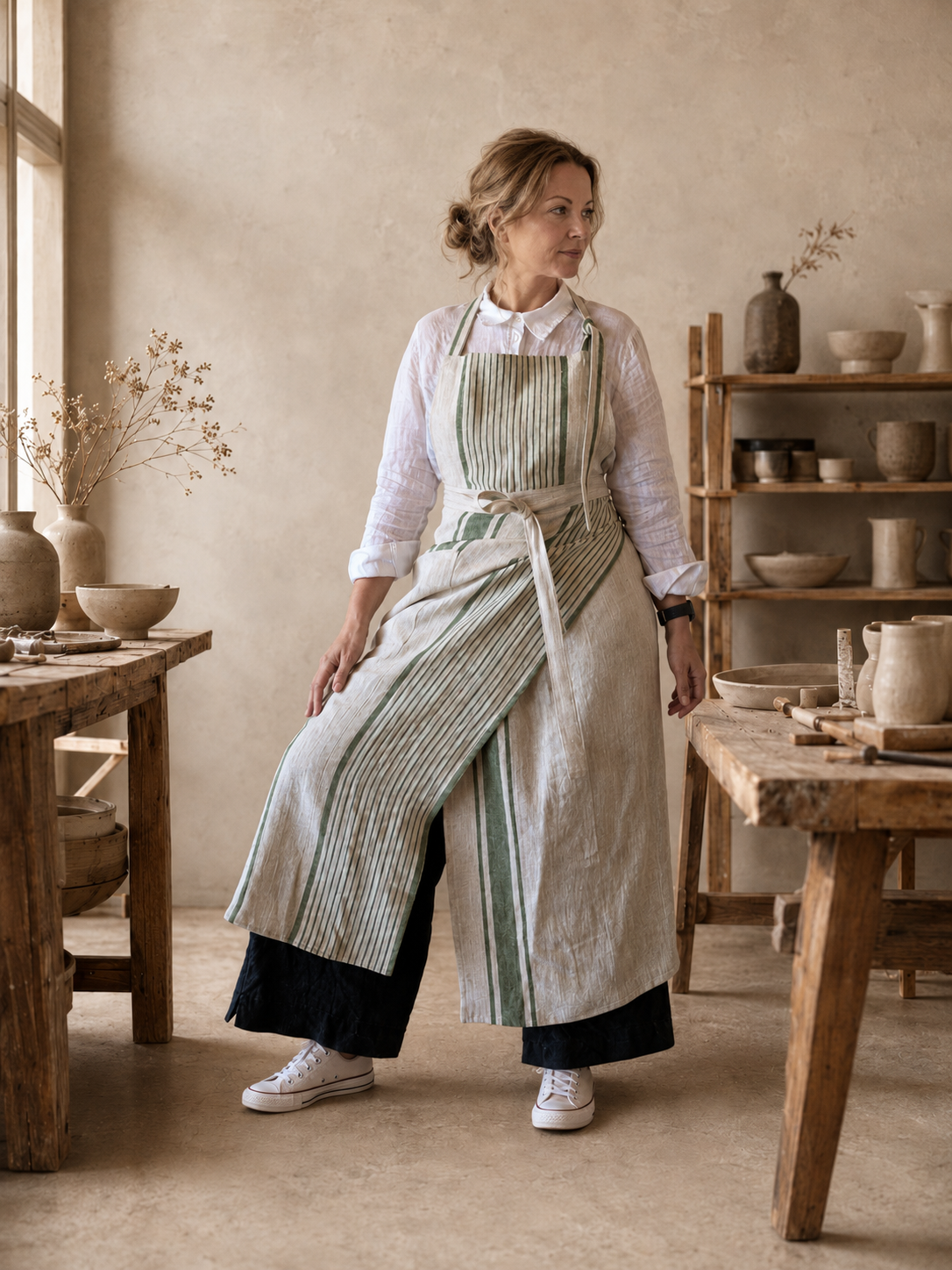 French Stripe Linen Split Leg Pottery Apron - Image 3