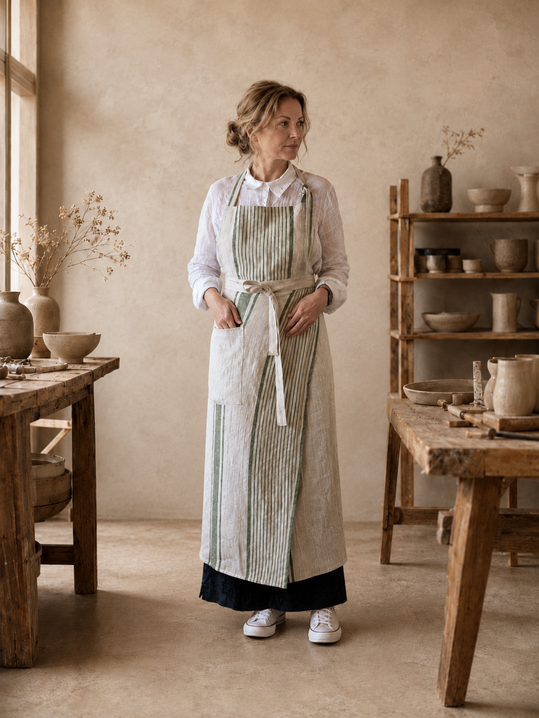 French Stripe Linen Split Leg Pottery Apron - Image 9