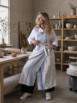 French Stripe Linen Split Leg Pottery Apron