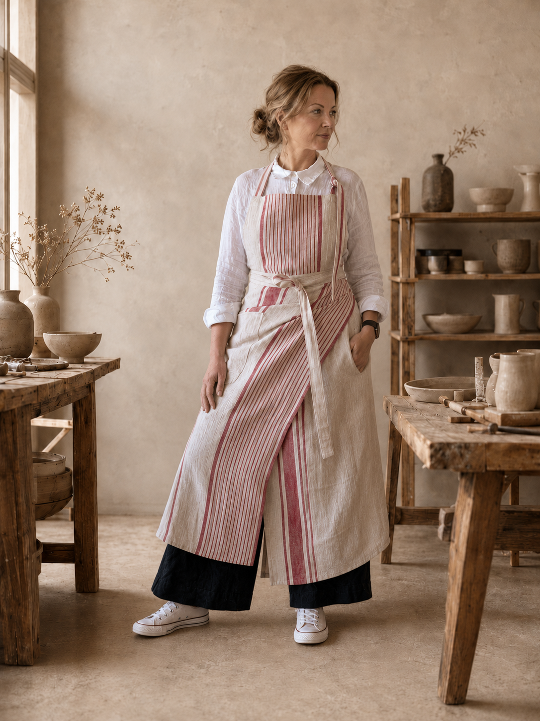 French Stripe Linen Split Leg Pottery Apron - Image 6