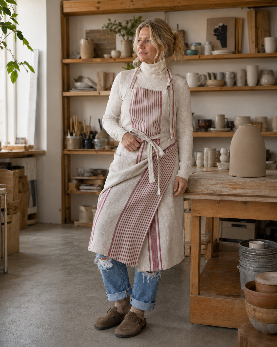 French Stripe Linen Split Leg Pottery Apron - Image 5