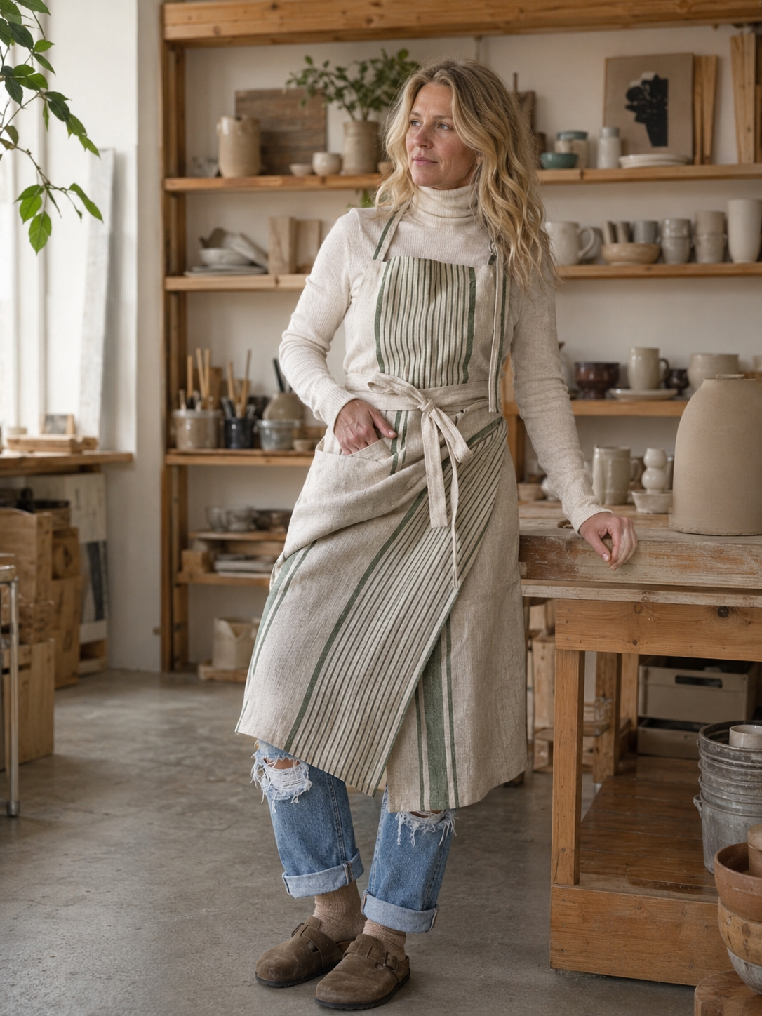 French Stripe Linen Split Leg Pottery Apron - Image 4