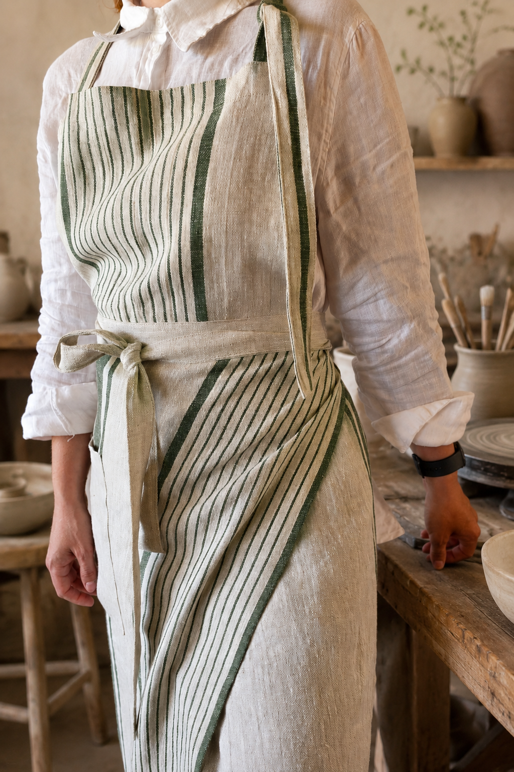 French Stripe Linen Split Leg Pottery Apron - Image 2